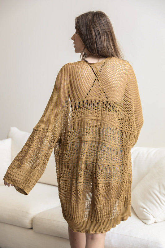 Leto Collection boho knit netted cardigan in warm tan, featuring a relaxed fit and open weave design.