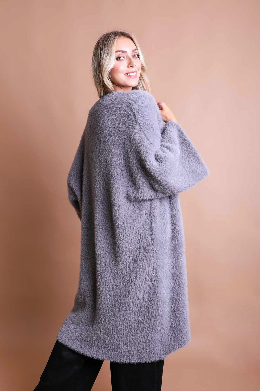 Soft gray boho mohair knit cardigan featuring a cozy oversized design for stylish comfort