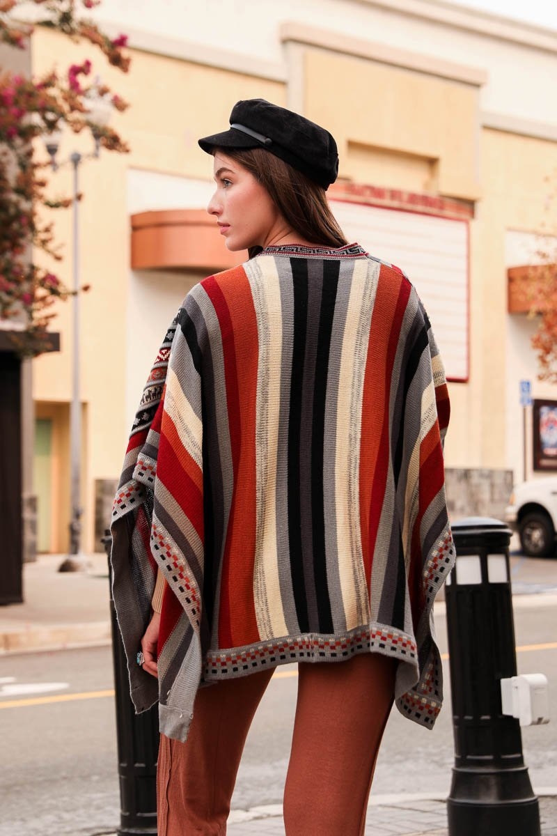 Leto Collection Boho Ruana Wrap in Multicolored Stripes, Perfect for Stylish Layering