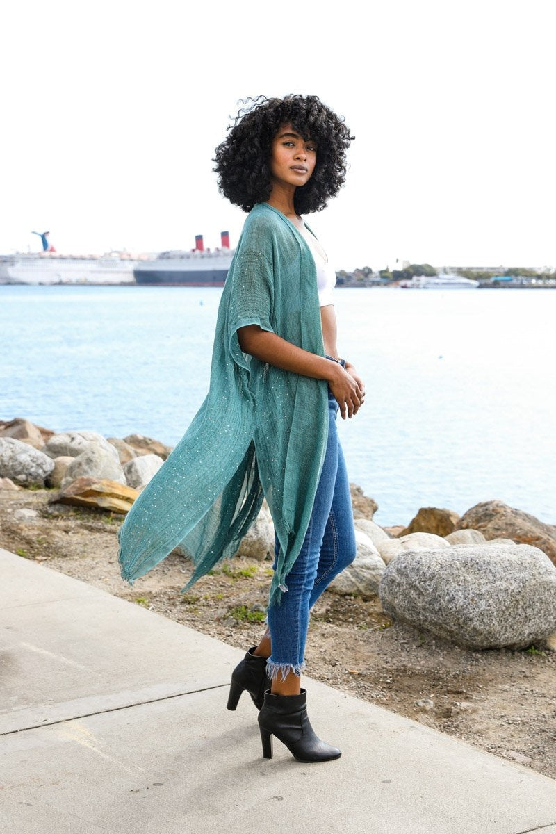 Sequin Border Frayed Kimono-Soul Flow Apparel