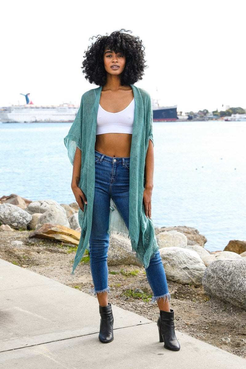 Sequin Border Frayed Kimono-Soul Flow Apparel