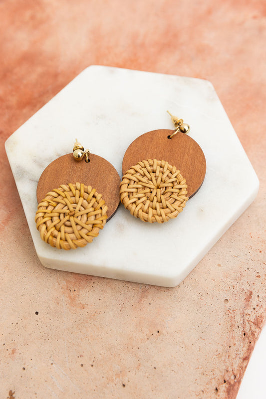Boho Wood-Trimmed Round Straw Earrings-Soul Flow Apparel