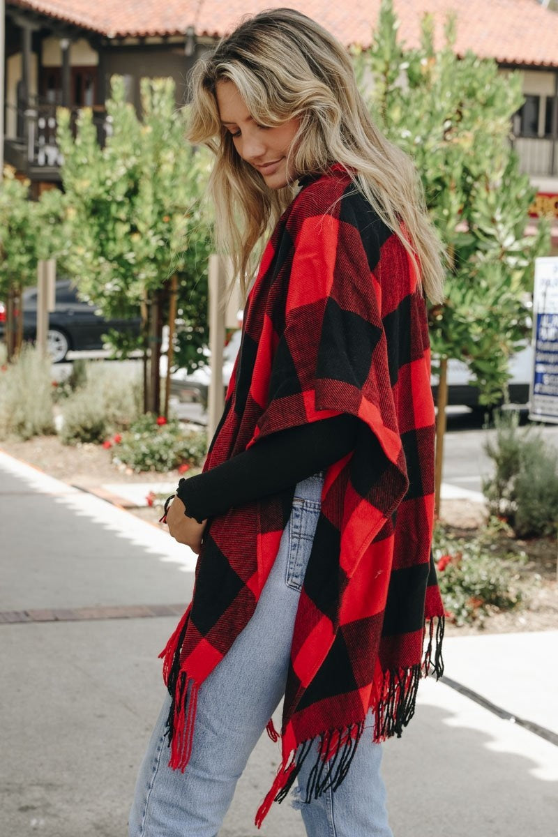 Buffalo Check Tassel Ruana-Soul Flow Apparel