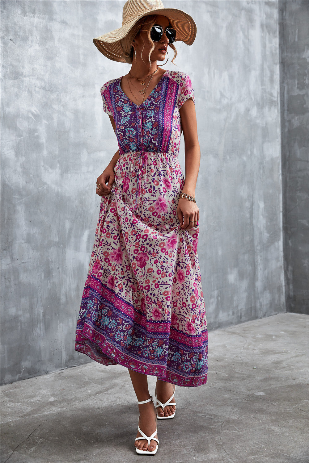 V-Neck Short Sleeve Printed Maxi Dress-Soul Flow Apparel