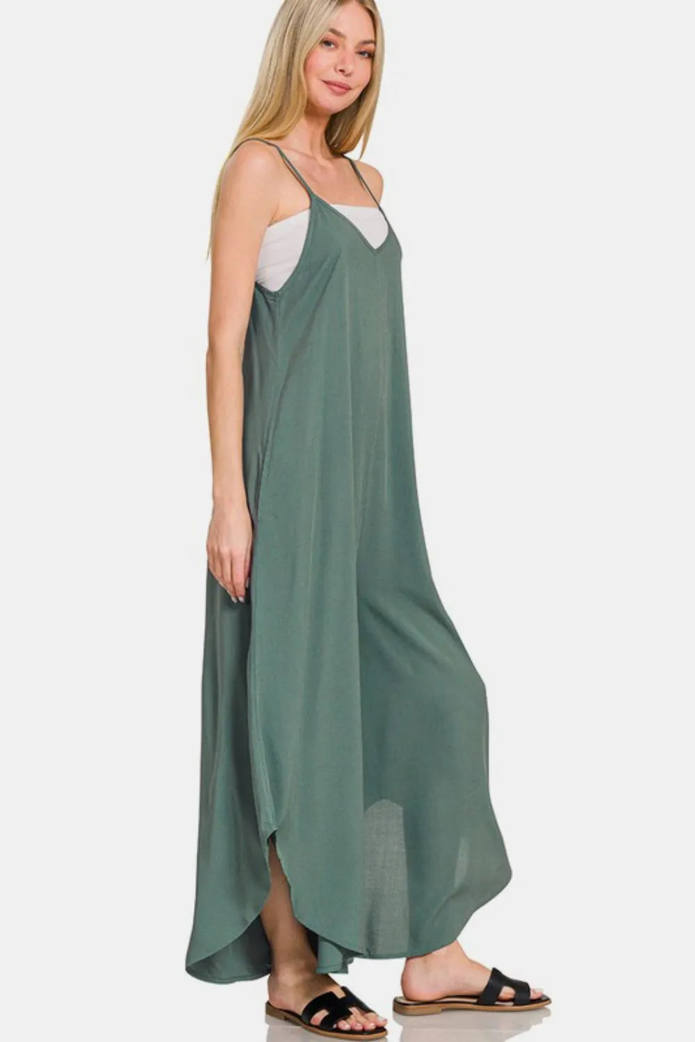 Zenana Sleeveless Curved Hem Wide Leg Overalls with Pockets-Soul Flow Apparel