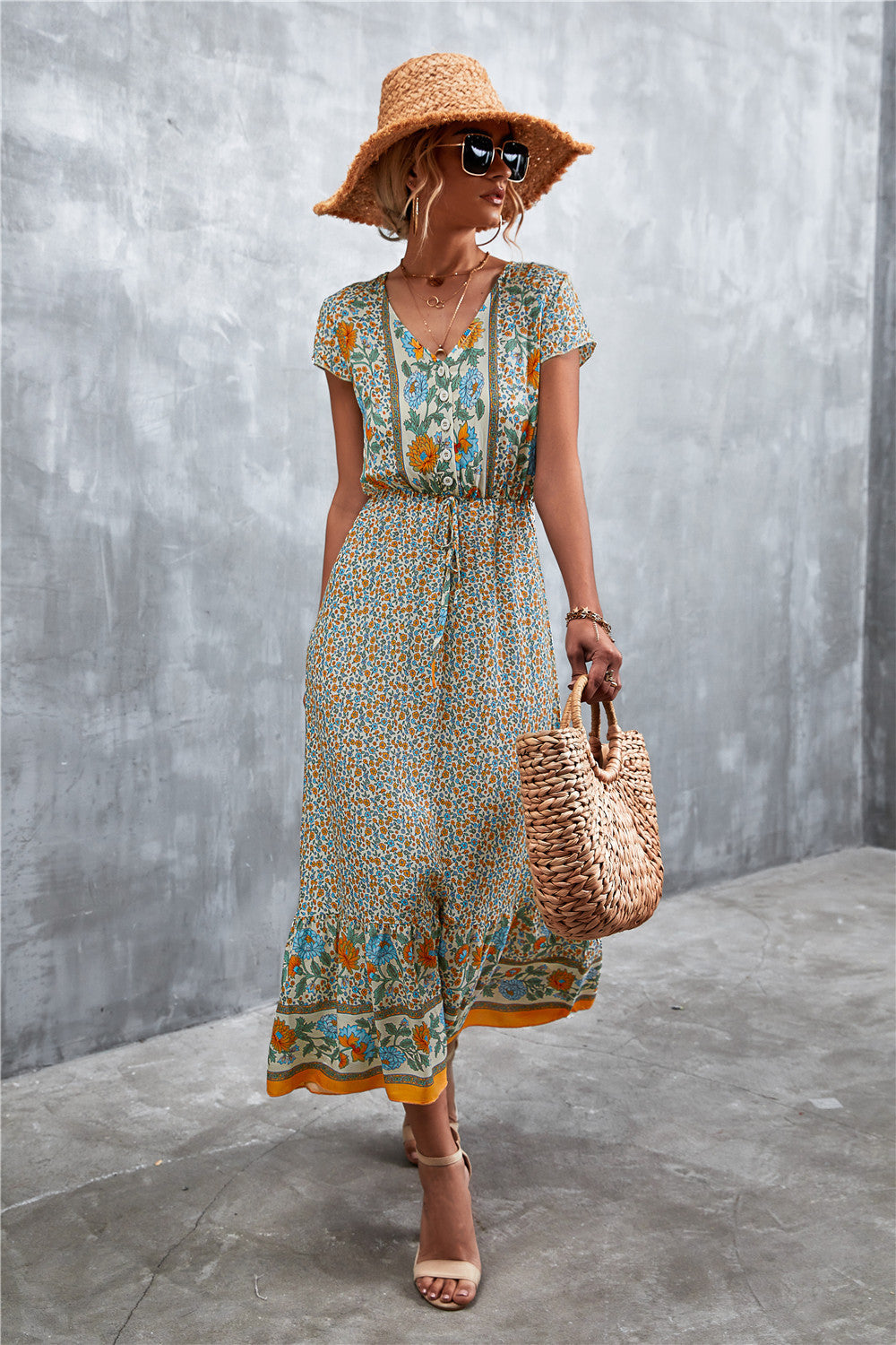 V-Neck Short Sleeve Printed Maxi Dress-Soul Flow Apparel
