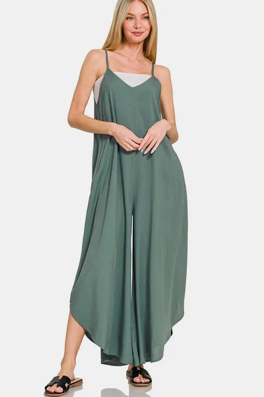 Zenana Sleeveless Curved Hem Wide Leg Overalls with Pockets-Soul Flow Apparel
