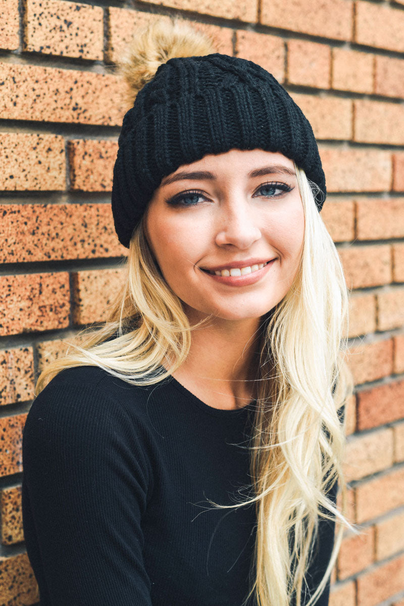 Cable Knit Beanie with Faux Fur Pom-Soul Flow Apparel