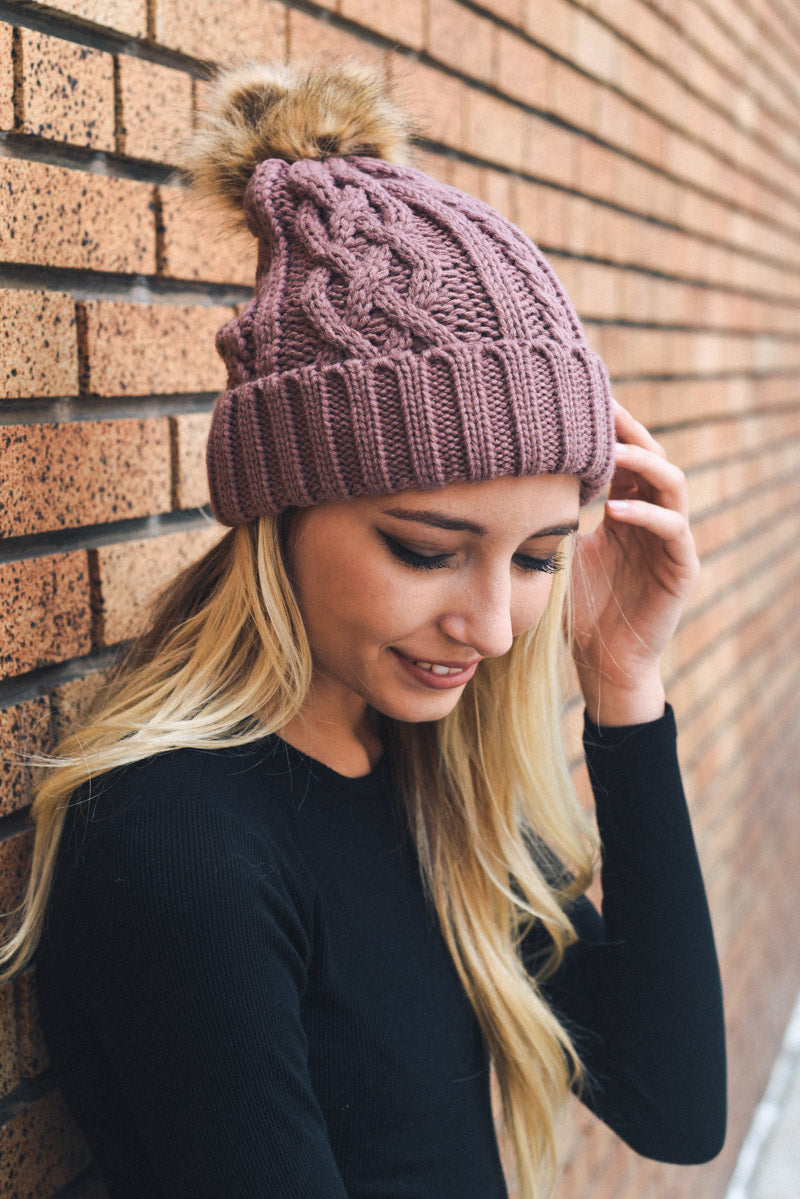 Cable Knit Beanie with Faux Fur Pom-Soul Flow Apparel