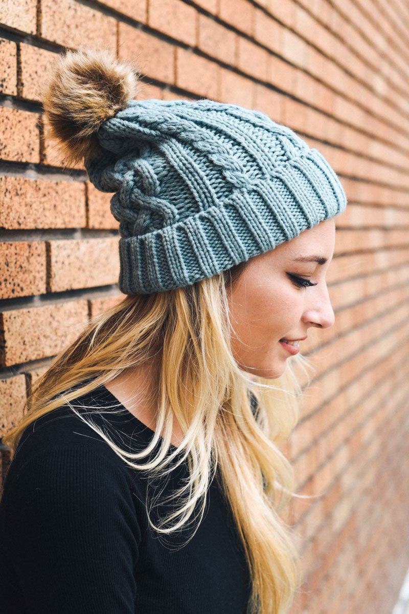 Cable Knit Beanie with Faux Fur Pom-Soul Flow Apparel