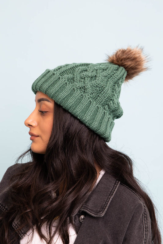 Cable Knit Beanie with Faux Fur Pom-Soul Flow Apparel