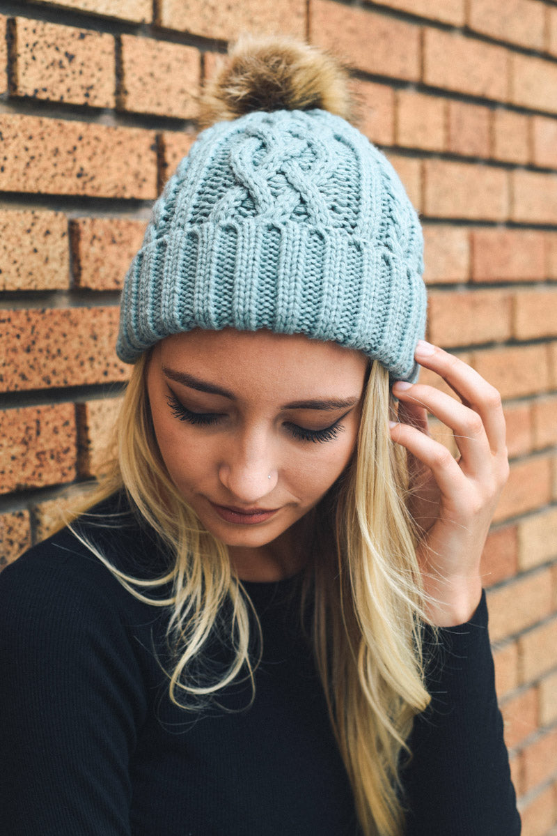 Cable Knit Beanie with Faux Fur Pom-Soul Flow Apparel