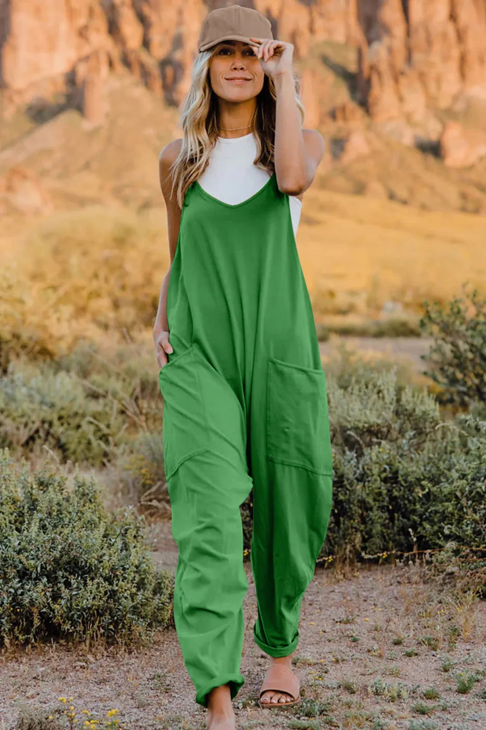 Double Take Full Size V-Neck Sleeveless Jumpsuit with Pockets-Soul Flow Apparel