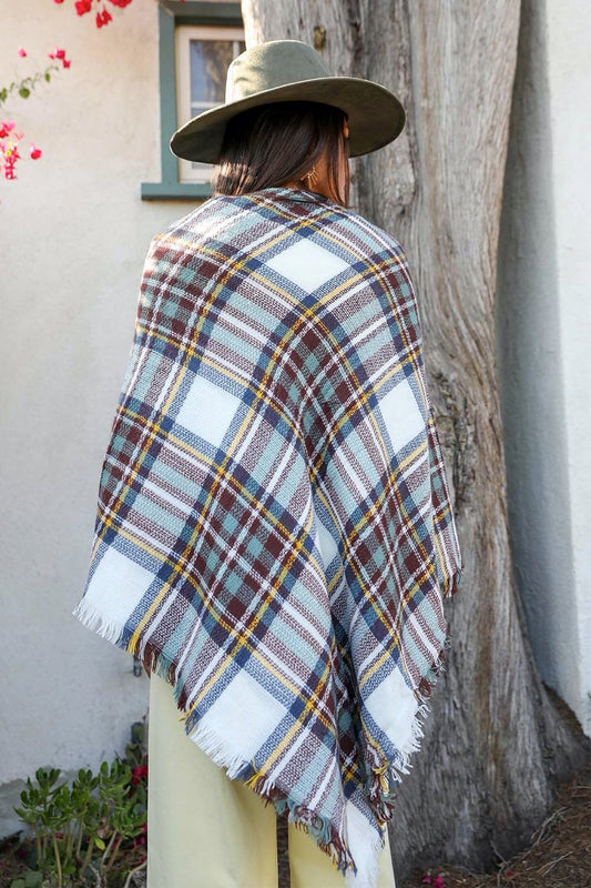 Leto Collection boho flannel poncho featuring a plaid pattern and fringed edges, perfect for layering