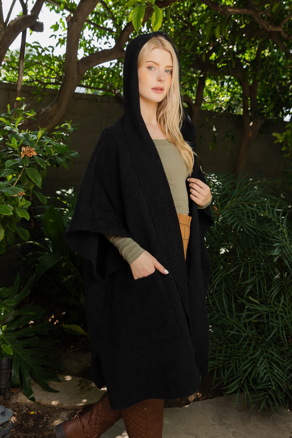 Cozy Solid Color Hooded Ruana-Soul Flow Apparel