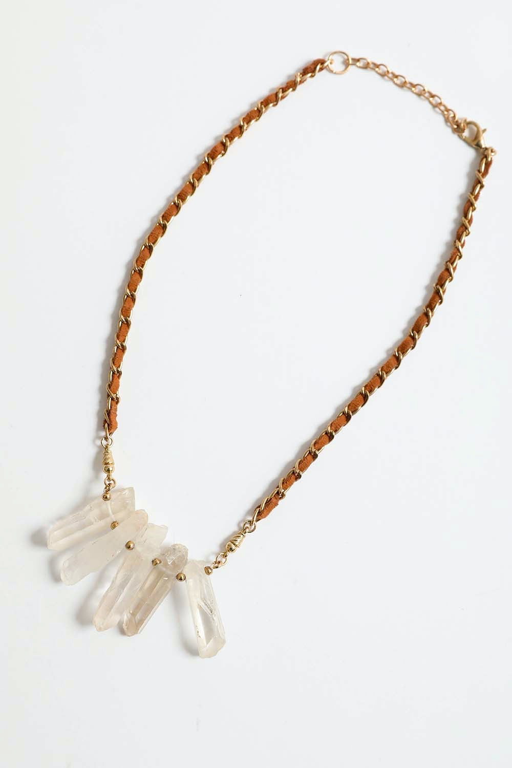 Leto Collection beige leather and gold chain necklace with raw clear quartz pendants Boho Necklace, Boho Chic Jewelry, Spiritual