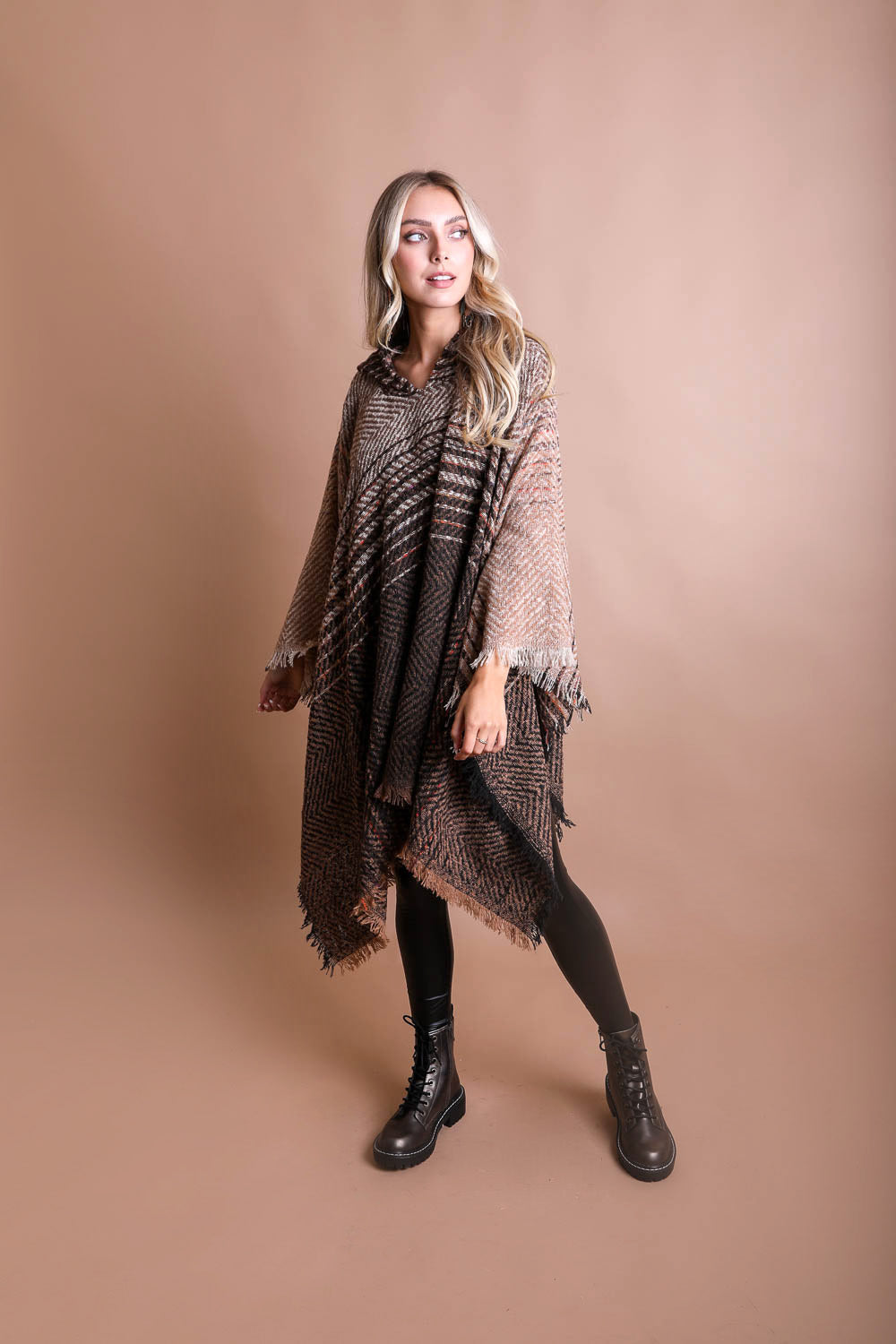 Cuddly Herringbone Hooded Poncho-Soul Flow Apparel