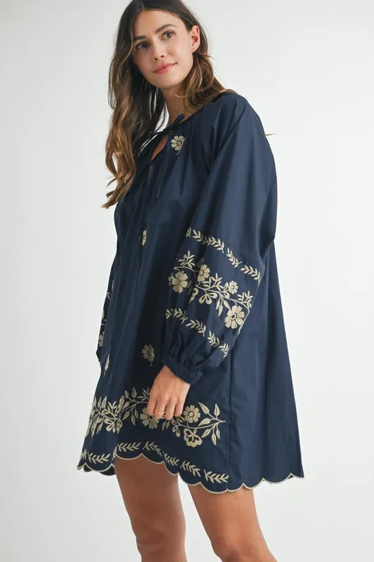 MABLE Embroidered Long Sleeve Peasant Mini Dress-Soul Flow Apparel