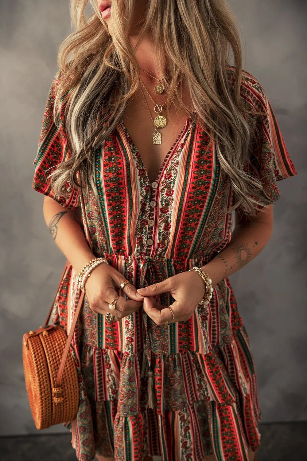 Bohemian Floral Print Buttoned V Neck Ruffle Tiered Dress-Soul Flow Apparel
