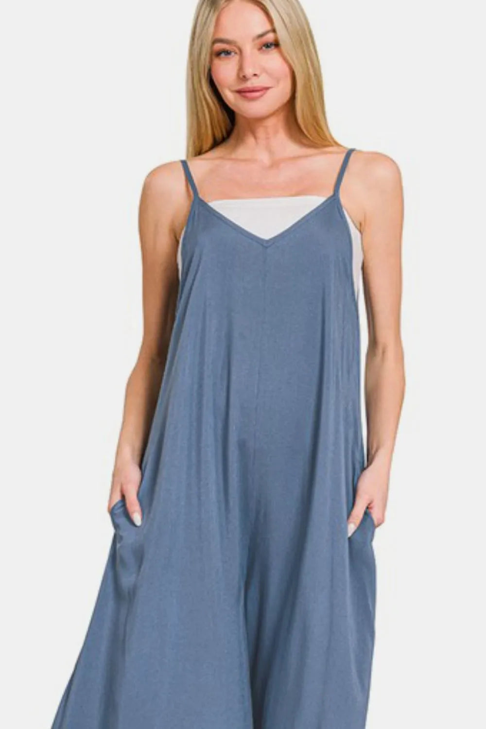 Zenana Spaghetti Strap Wide Leg Overalls with Pockets-Soul Flow Apparel