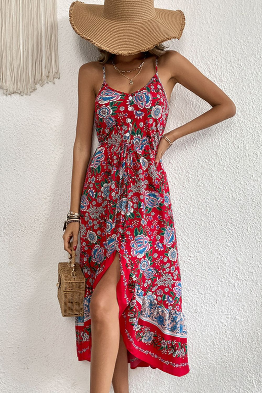 Perfee Bohemian Decorative Button Spaghetti Strap Dress-Soul Flow Apparel