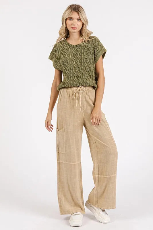 Mineral Wash Drawstring Elastic Waist Pants-Soul Flow Apparel