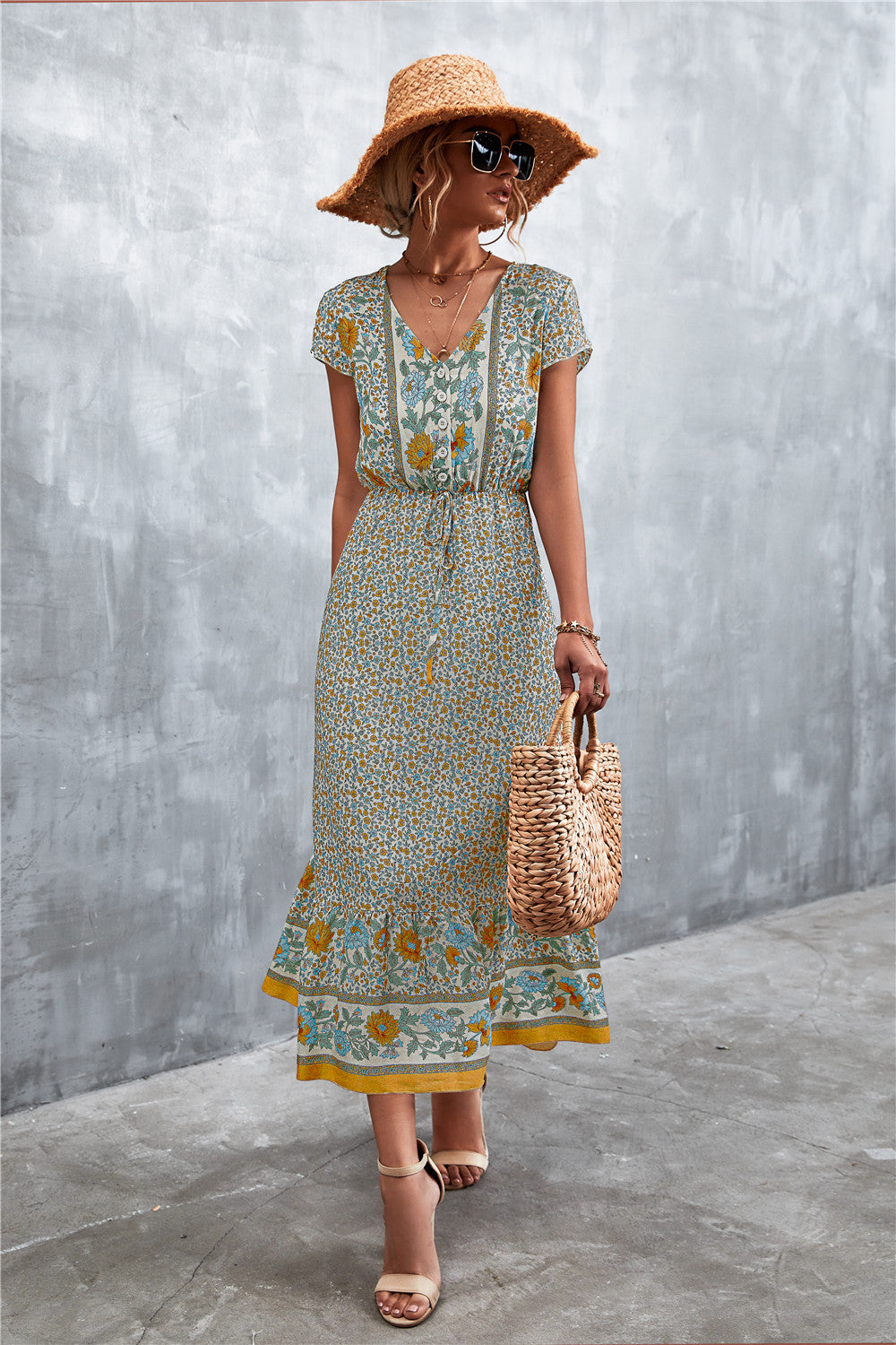 V-Neck Short Sleeve Printed Maxi Dress-Soul Flow Apparel