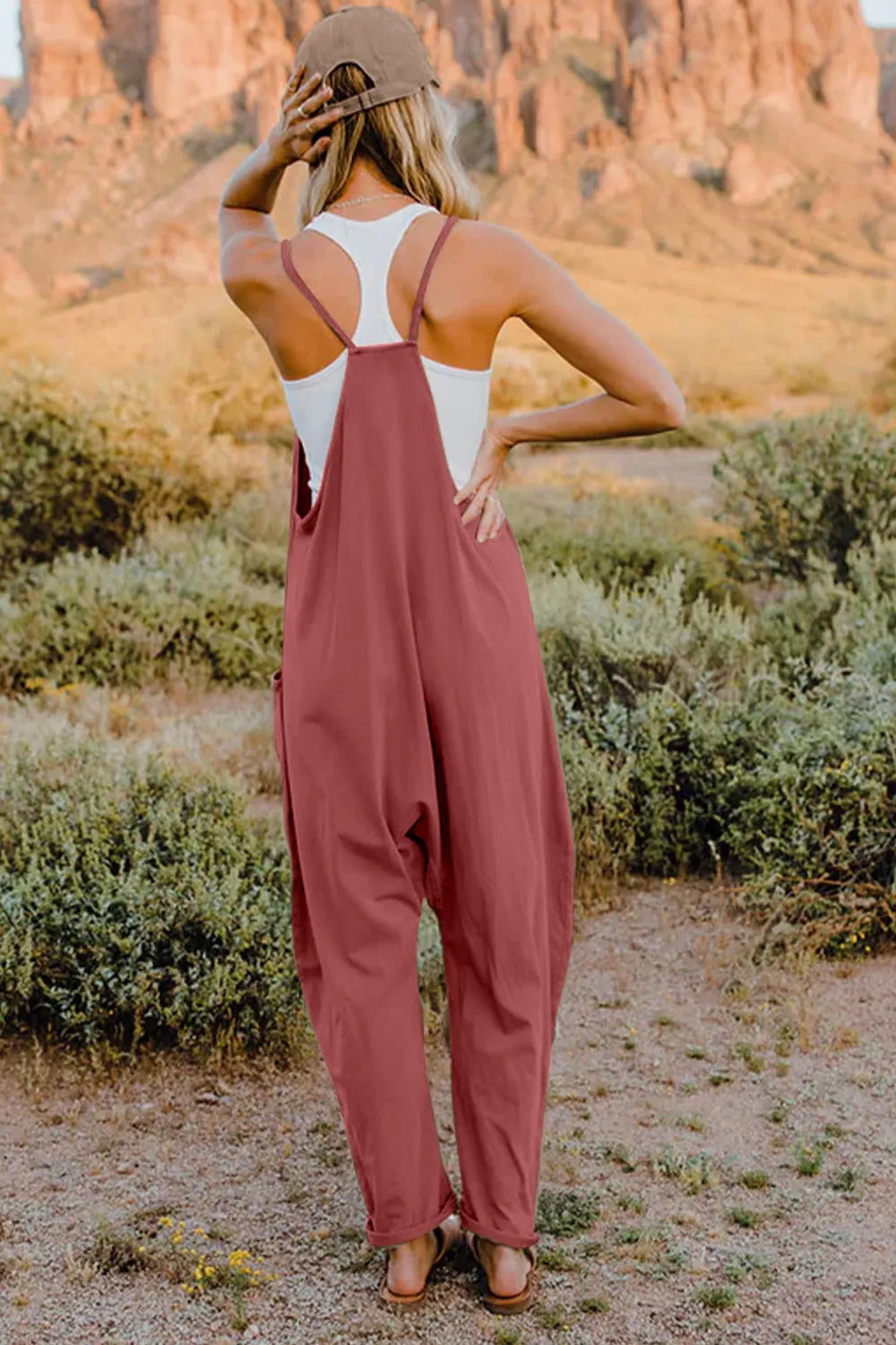 Double Take Full Size V-Neck Sleeveless Jumpsuit with Pockets-Soul Flow Apparel