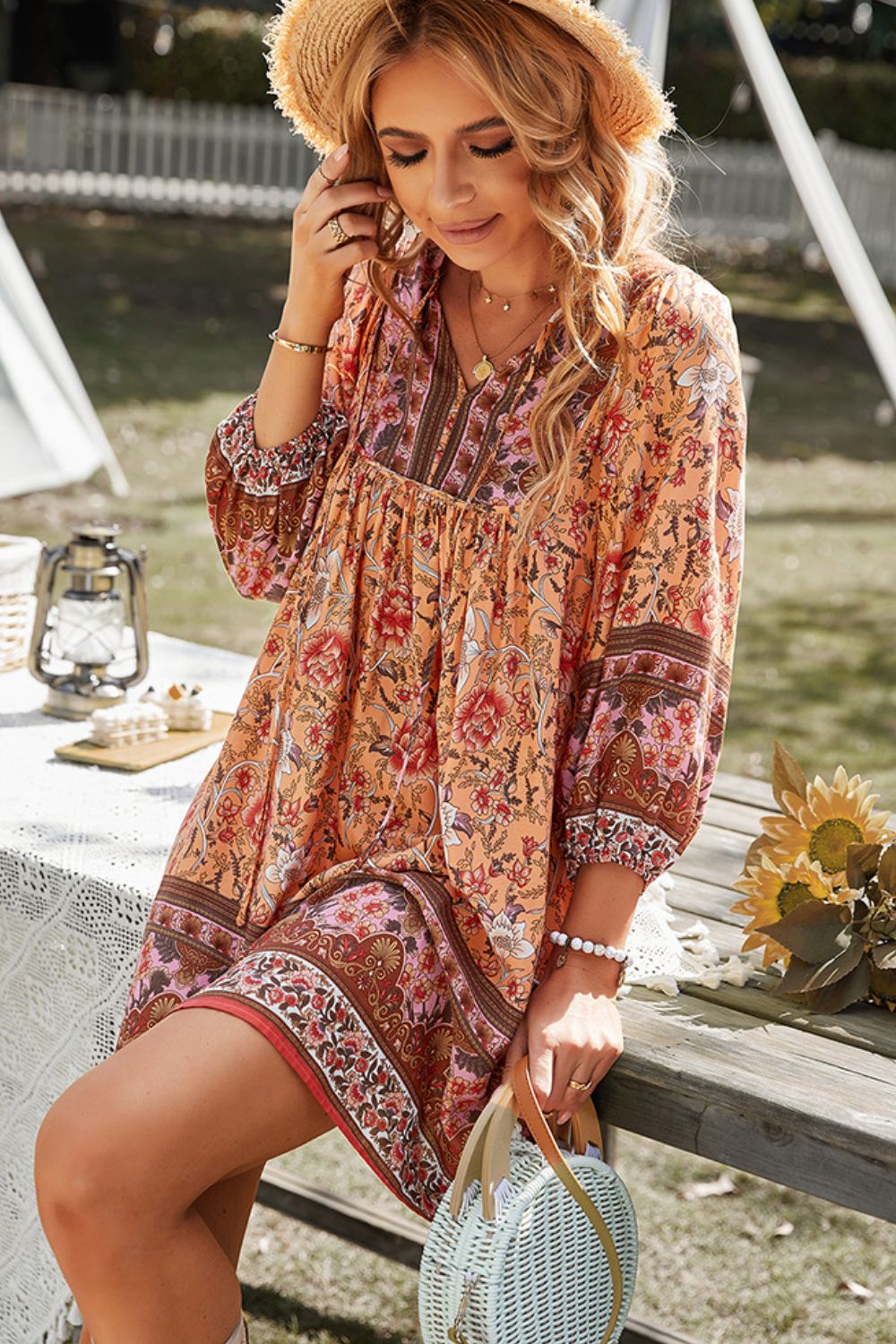 Devine Bohemian Tie Neck Balloon Sleeve Dress-Soul Flow Apparel