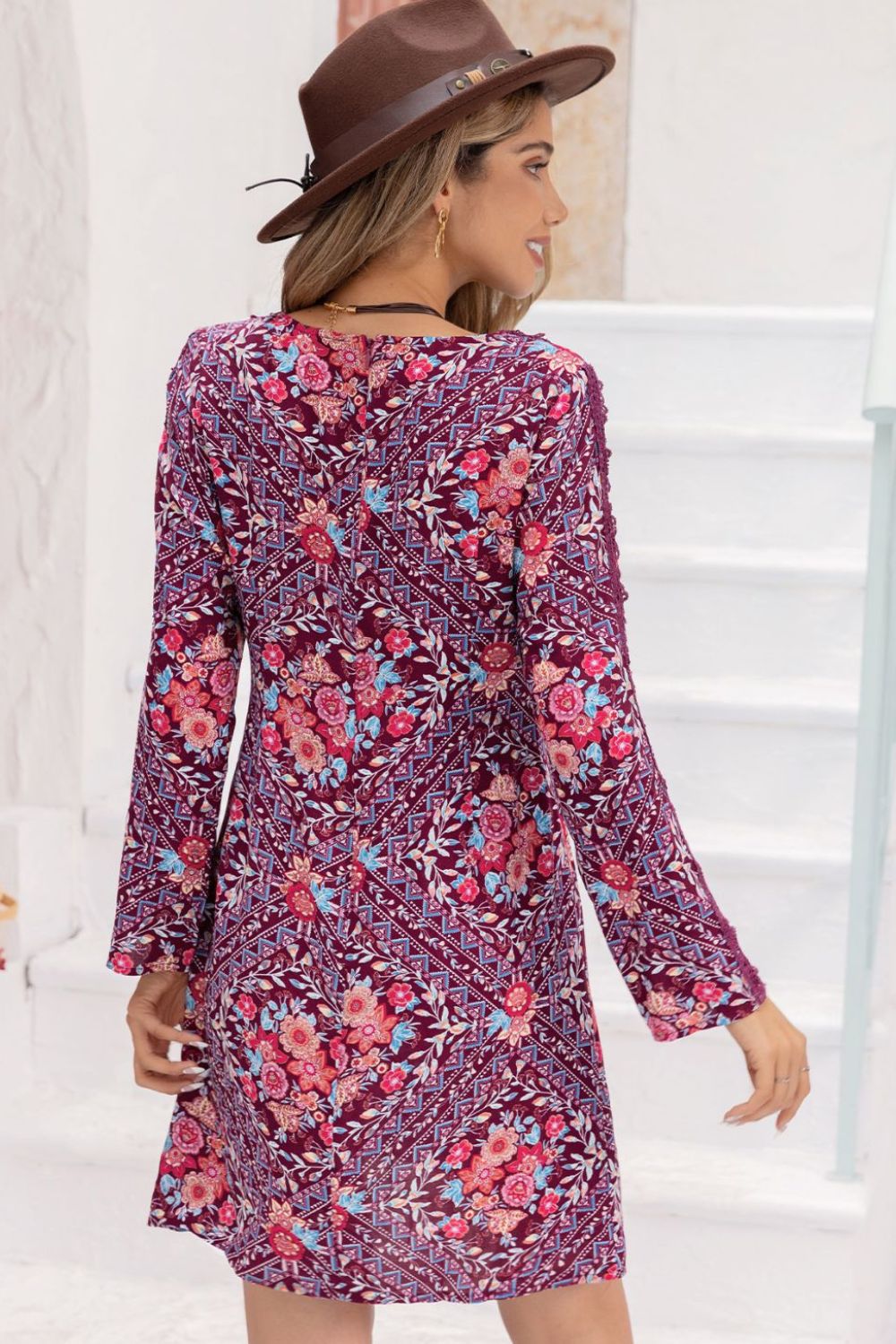 V-Neck Long Sleeve Printed Mini Dress-Soul Flow Apparel