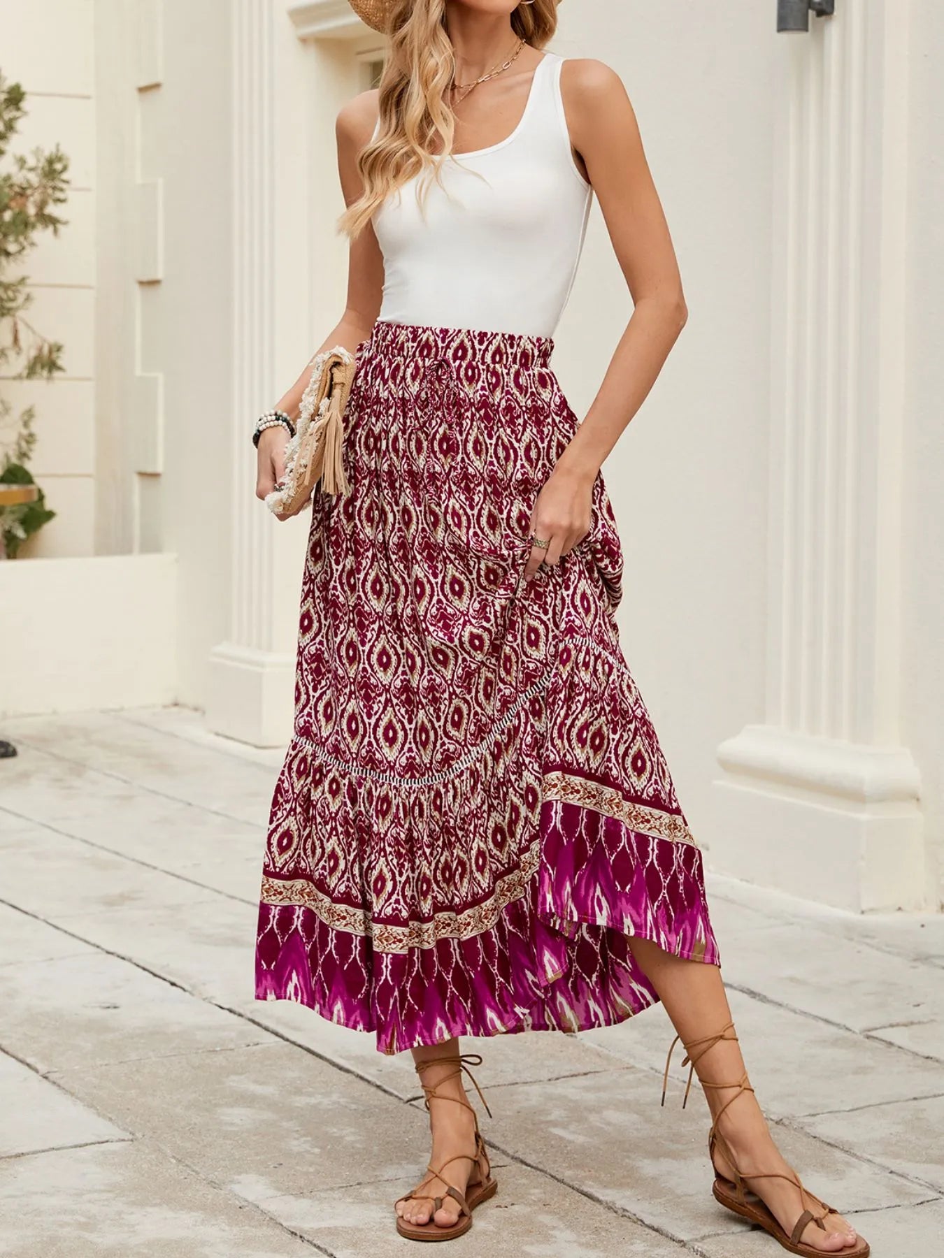 Bohemian Printed Ruched Maxi Skirt-Soul Flow Apparel