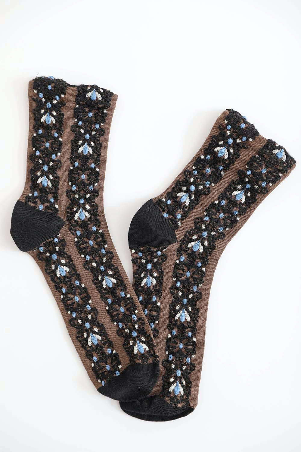 Leto Collection boho embroidered flower socks in brown with vibrant floral pattern and black accents