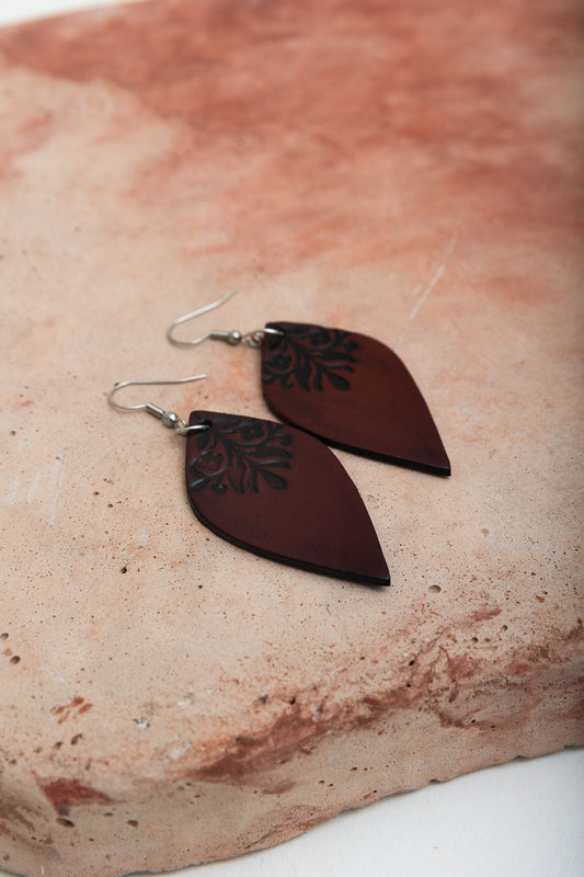 Engraved Leaf Leather Earrings-Soul Flow Apparel