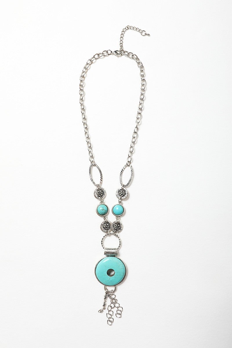Leto Collection silver chain necklace with turquoise beads and round pendant Boho Necklace, Boho Chic Jewelry, Spiritual