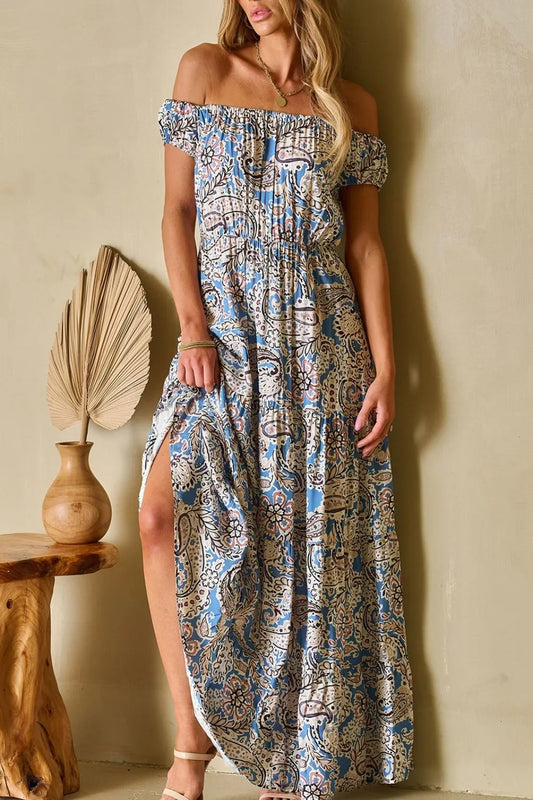 Boho Paisley Print Off Shoulder Maxi Dress-Soul Flow Apparel