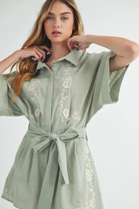 MABLE Embroidered Button Down Collared Neck Romper-Soul Flow Apparel