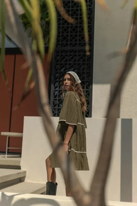 Annie Wear Tassel Contrast Trim Tie Neck Half Sleeve Tiered Dress-Soul Flow Apparel