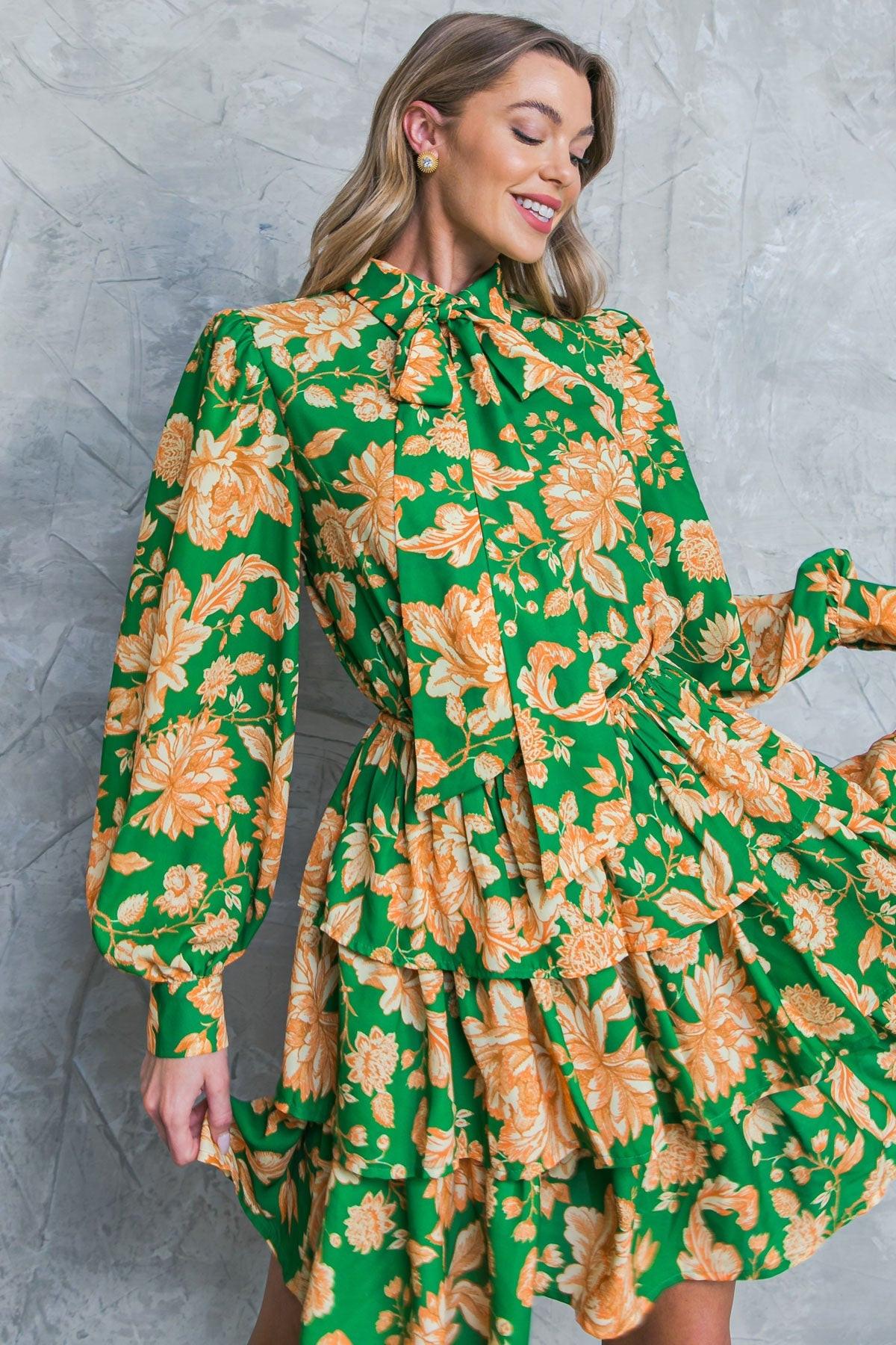Girl In Mine Printed Woven Mini Dress With Collar Tie And Elastic Waist