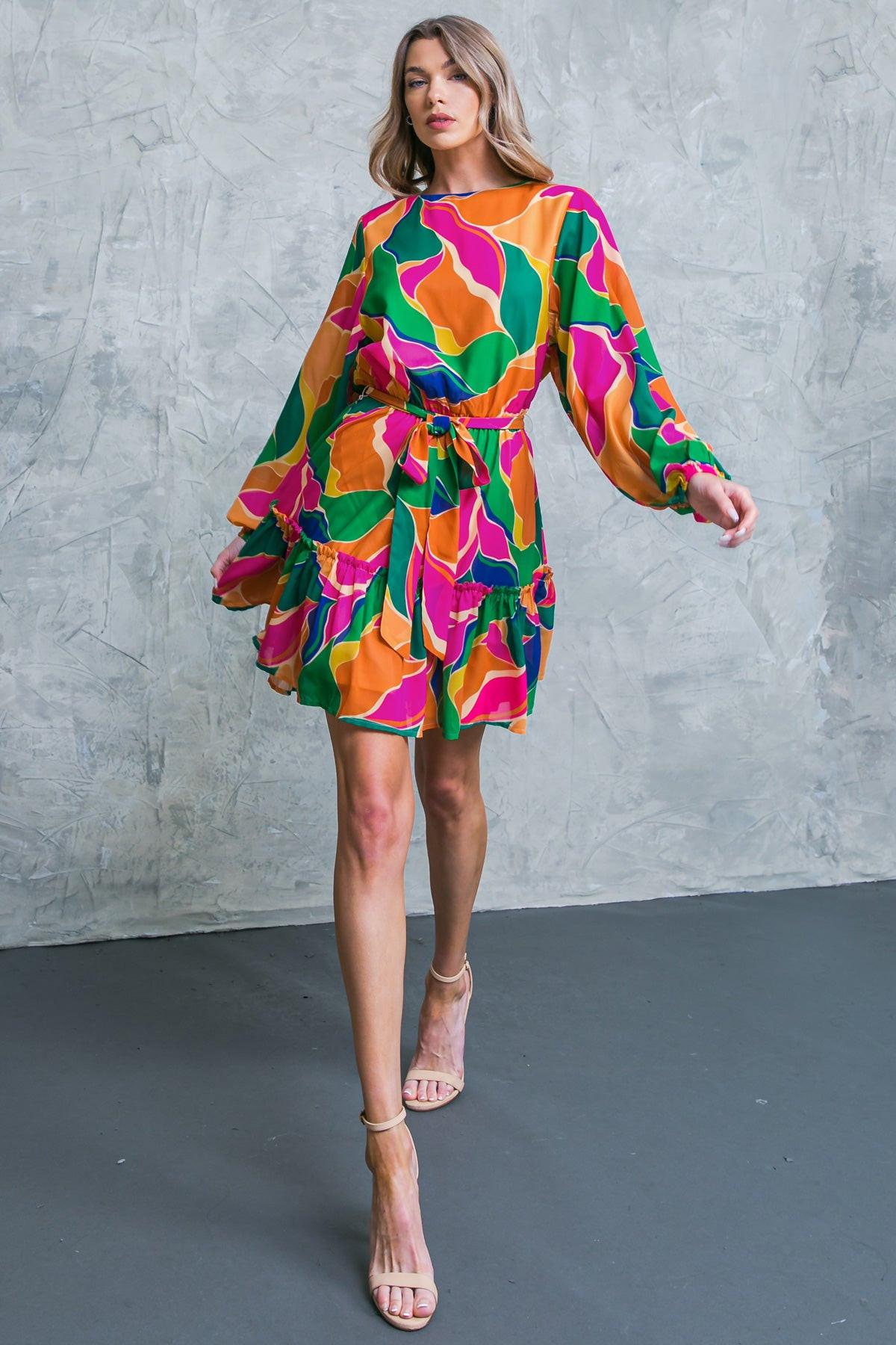 Thank Me Later Woven Mini Dress With Self Tie Waist Long Sleeve And Ruffled Hem