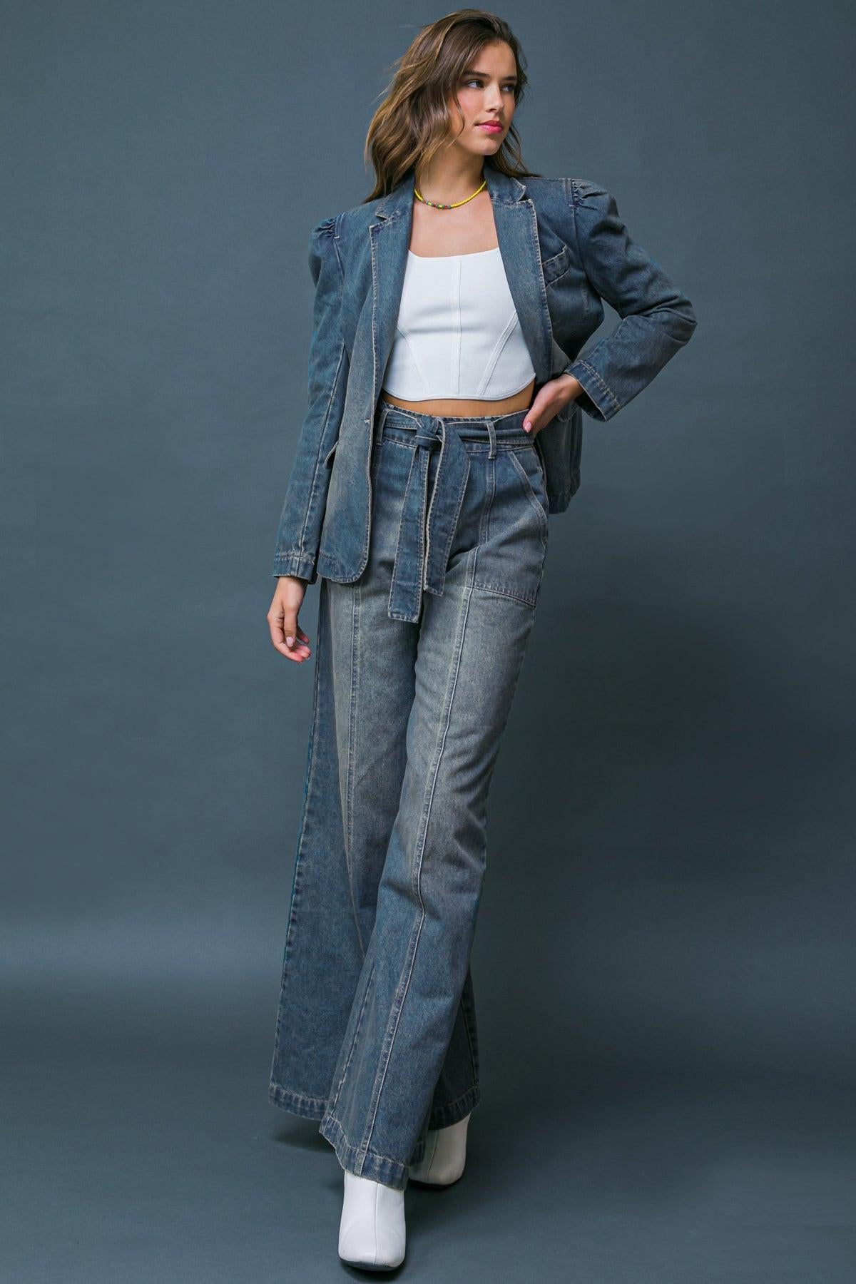 Give It Your All Denim Blazer Washed Denim Front Button Closure Pockets