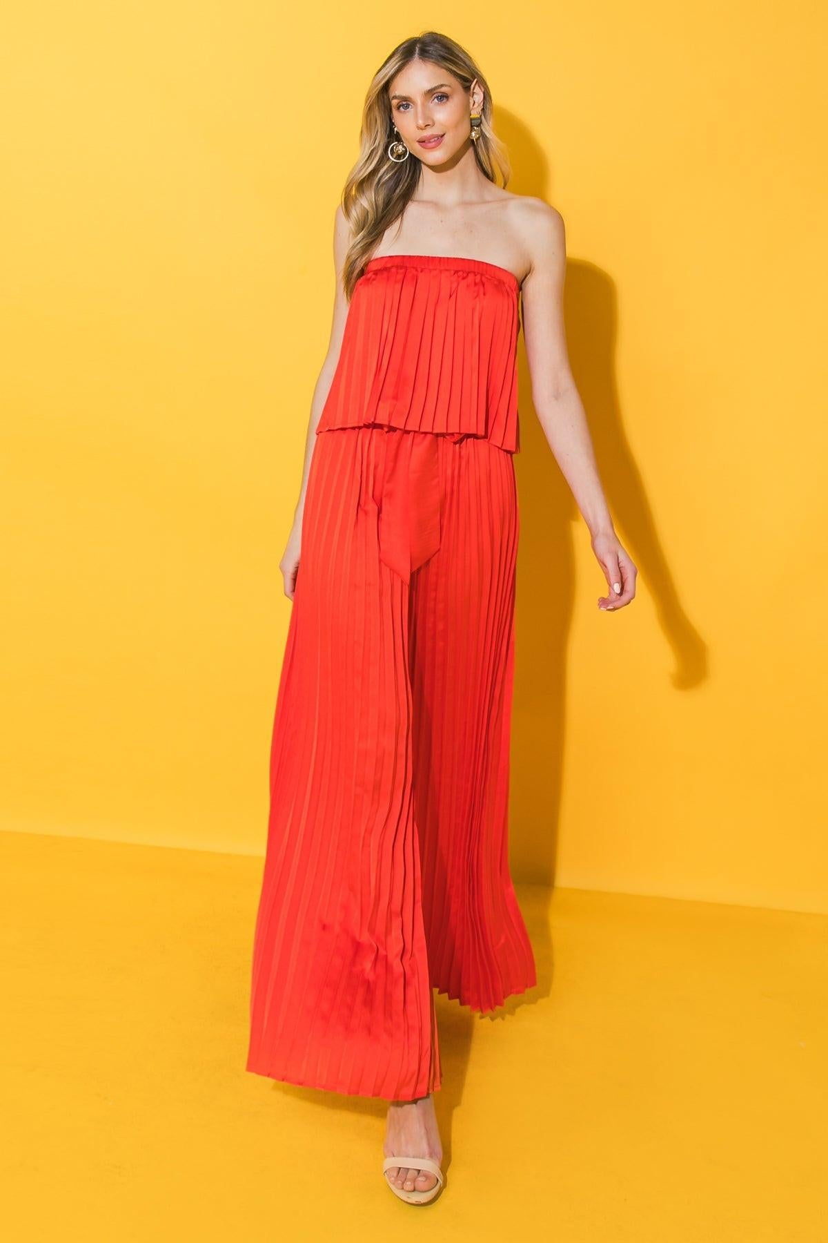My Red Tomato Woven Jumpsuit With Straight Neckline And Self Sash Tie Wide Leg
