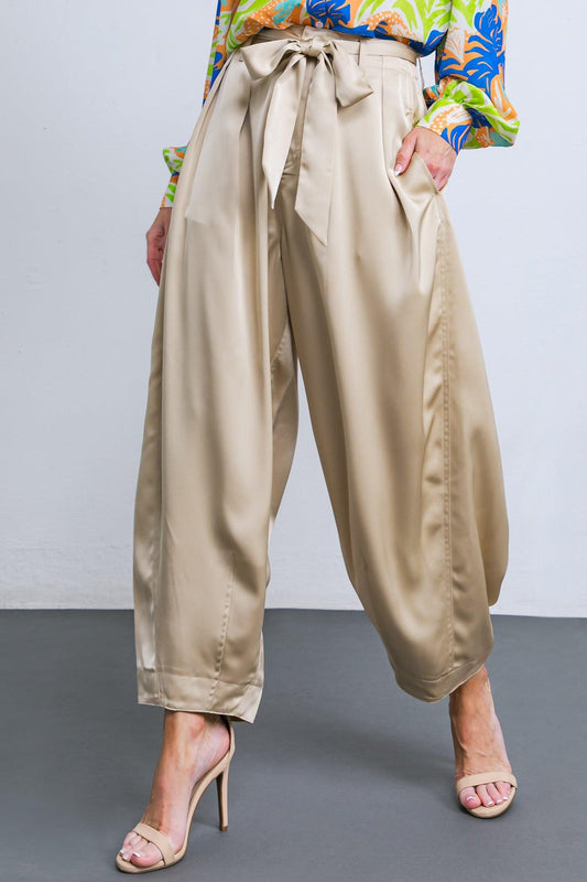 Powerful Charm Woven Satin Pants With Front Pleats Front Closure Sash Tie