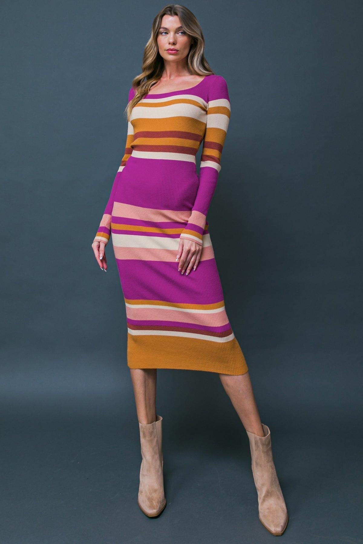 Evening Of Elegance Ribbed Sweater Midi Dress With U Neck