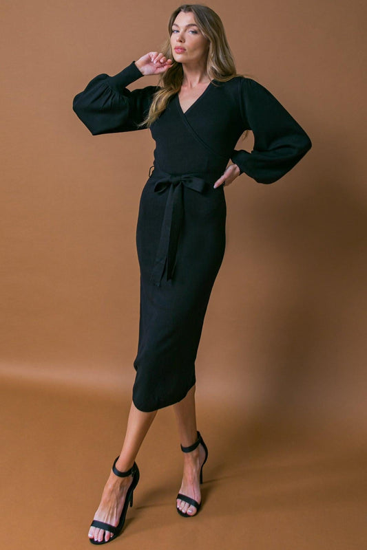 Adorable Ideal Sweater Midi Dress With Surplice Neckline Blouson Sleeves