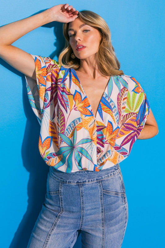 Take Notes Woven Bodysuit With Surplice Neckline And Pleated Shoulders
