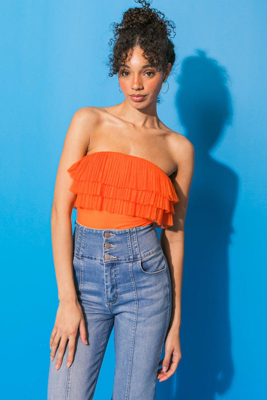 Take Me Now Knit Bodysuit With Contrasting Triple Flounce And Snap Closure
