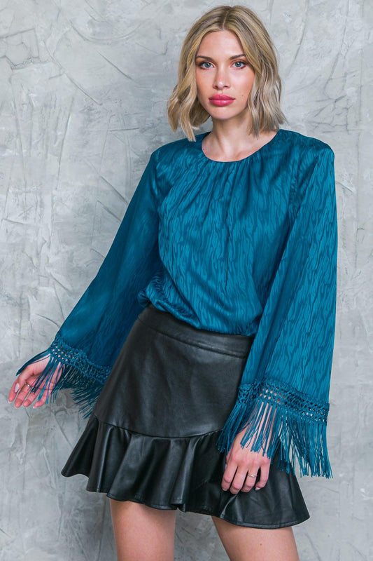 Love Every Day Woven Bodysuit With Fringe Bell Sleeves And Mesh Snap Bottom
