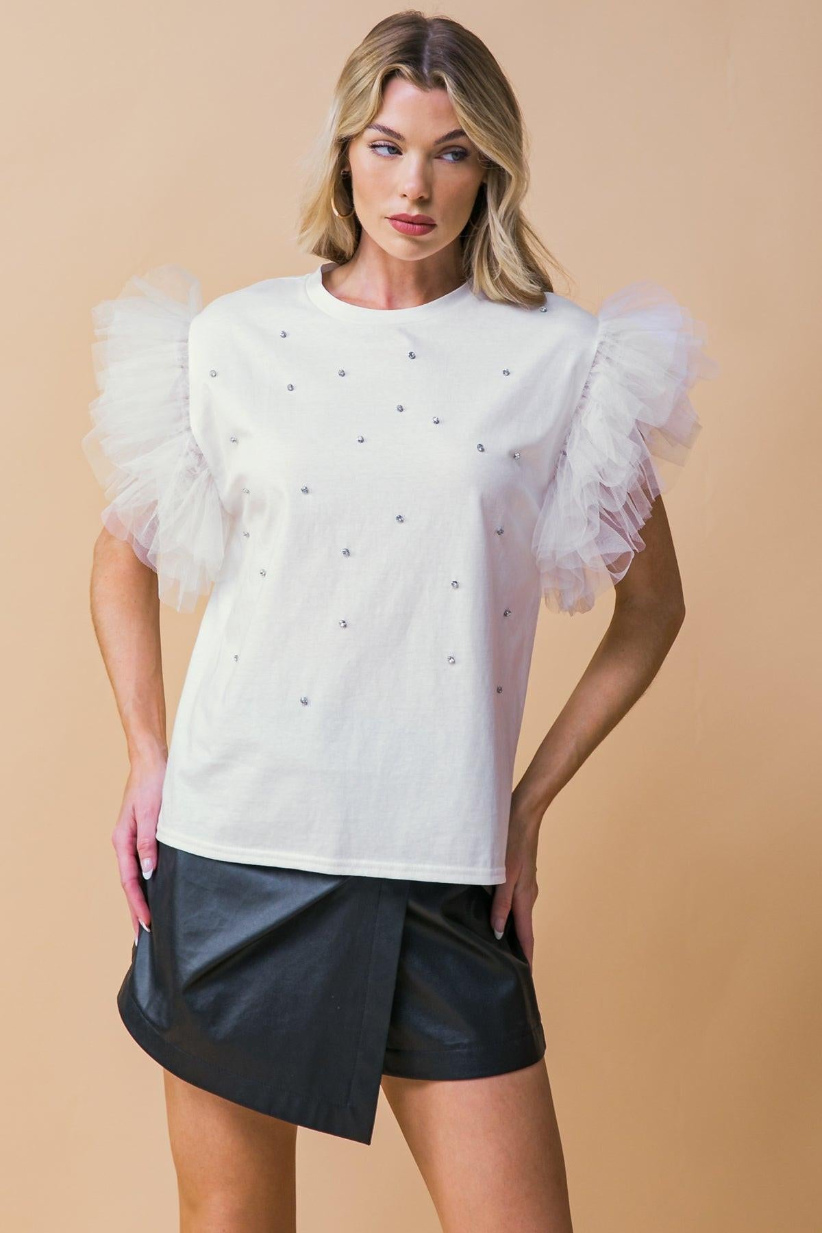 Iconic Beauty Knit Top With Rhinestone Front And Tulle Ruffle Sleeve