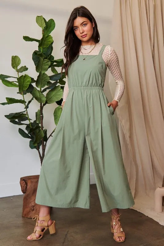 Davi & Dani Creased Wide Legs Elastic Waist Jumpsuit-Soul Flow Apparel