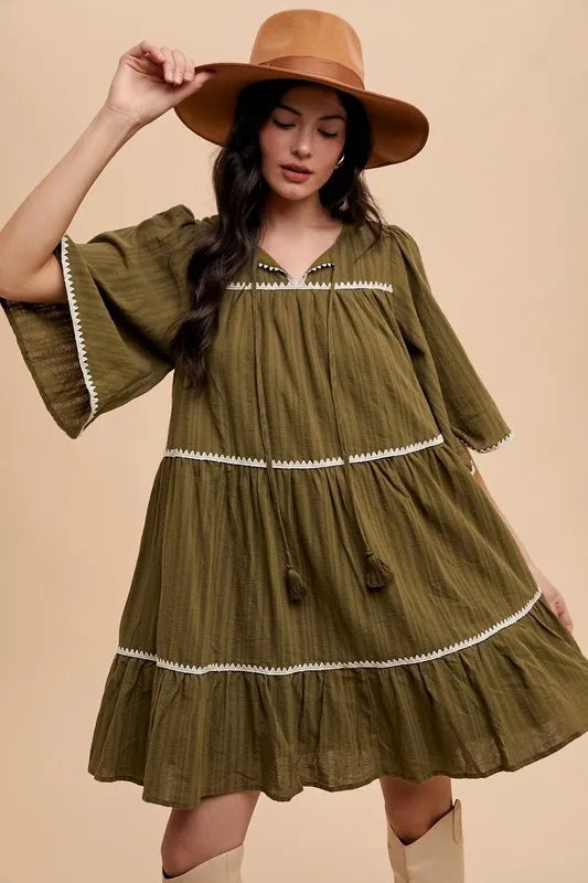 Annie Wear Tassel Contrast Trim Tie Neck Half Sleeve Tiered Dress-Soul Flow Apparel
